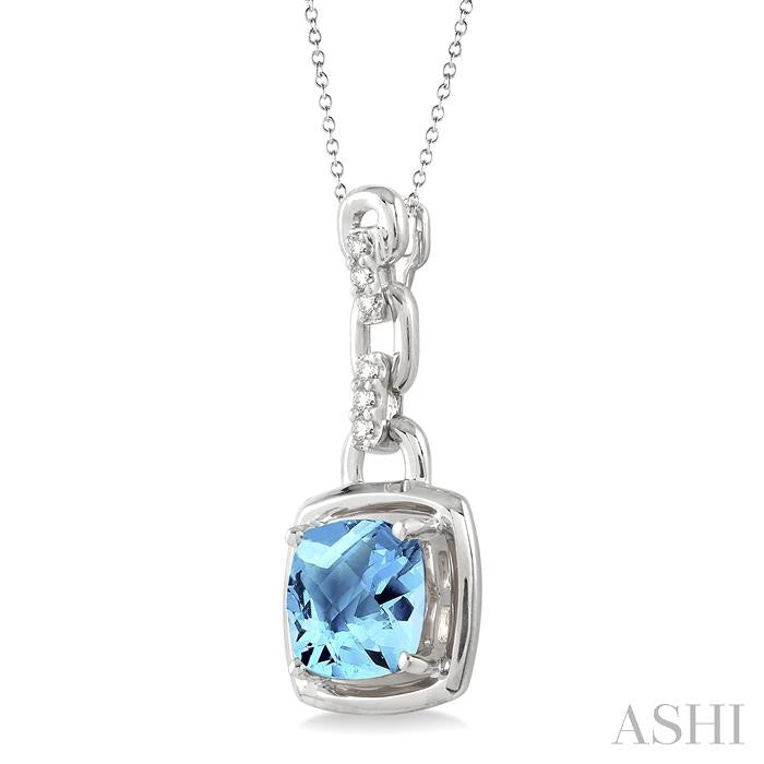8x8 MM Cushion Checker Blue Topaz and 1/20 Ctw Round Cut Diamond Pendant in Sterling Silver with Chain