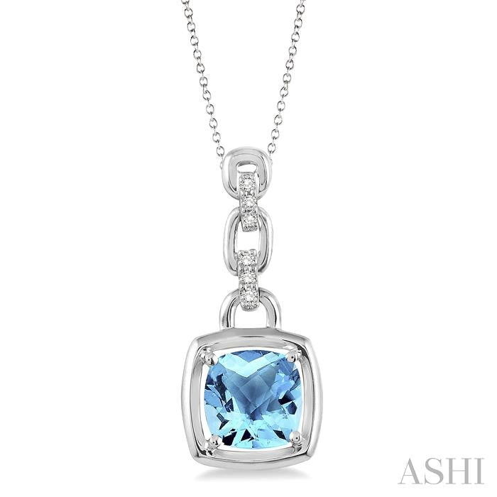 8x8 MM Cushion Checker Blue Topaz and 1/20 Ctw Round Cut Diamond Pendant in Sterling Silver with Chain