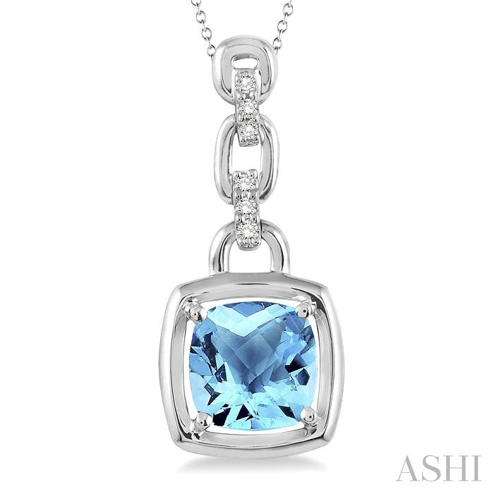 8x8 MM Cushion Checker Blue Topaz and 1/20 Ctw Round Cut Diamond Pendant in Sterling Silver with Chain