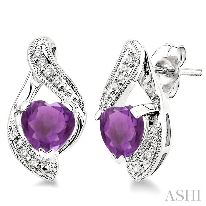 6x6 MM Heart Shape Amethyst and 1/20 Ctw Round Cut Diamond Earrings in Sterling Silver