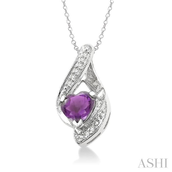 7x7 MM Heart Shape Amethyst and 1/20 Ctw Round Cut Diamond Pendant in Sterling Silver with Chain