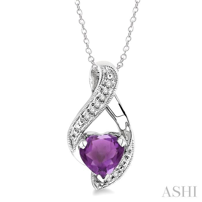 7x7 MM Heart Shape Amethyst and 1/20 Ctw Round Cut Diamond Pendant in Sterling Silver with Chain