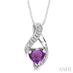 7x7 MM Heart Shape Amethyst and 1/20 Ctw Round Cut Diamond Pendant in Sterling Silver with Chain
