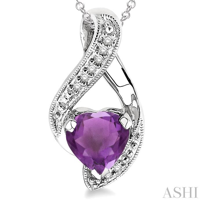 7x7 MM Heart Shape Amethyst and 1/20 Ctw Round Cut Diamond Pendant in Sterling Silver with Chain