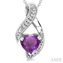 7x7 MM Heart Shape Amethyst and 1/20 Ctw Round Cut Diamond Pendant in Sterling Silver with Chain
