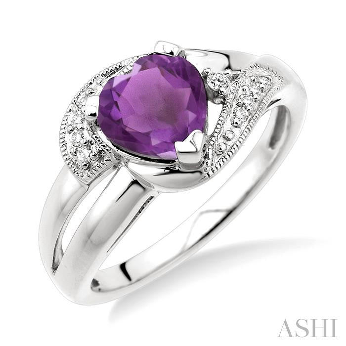 7x7 MM Heart Shape Amethyst and 1/20 Ctw Round Cut Diamond Ring in Sterling Silver