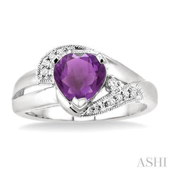 7x7 MM Heart Shape Amethyst and 1/20 Ctw Round Cut Diamond Ring in Sterling Silver