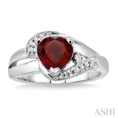 7X7 MM Heart Shape Garnet and 1/20 Ctw Round Cut Diamond Ring in Sterling Silver