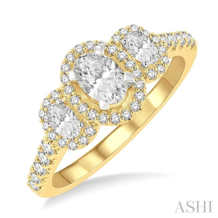 1 Ctw Past Present and Future Round Cut Diamond Engagement Ring With 3/8 Ct Oval Cut Center Stone in 14K Yellow and White Gold