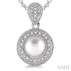 6.5x6.5 MM Cultured Pearl and 1/20 Ctw Round Cut Diamond Pendant in Sterling Silver with Chain