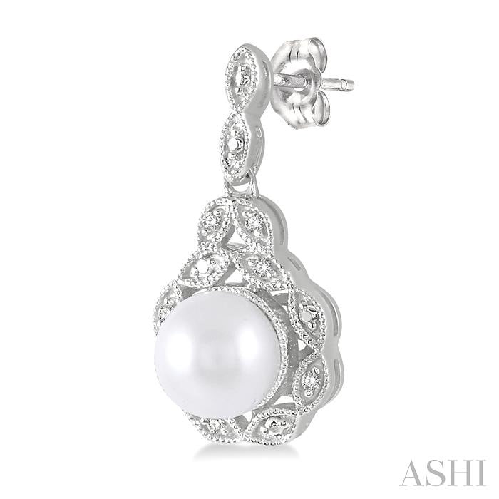 6X6 MM Cultured Pearl and 1/20 Ctw Round Cut Diamond Earrings in Sterling Silver