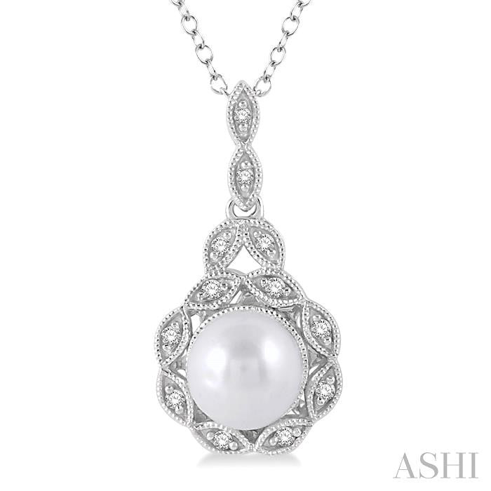 6.5x6.5 MM Cultured Pearl and 1/20 Ctw Single Cut Diamond Pendant in Sterling Silver with Chain