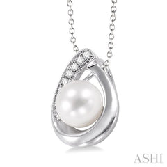 6.5 MM Cultured Pearl and 1/20 Ctw Round Cut Diamond Pendant in Sterling Silver with chain