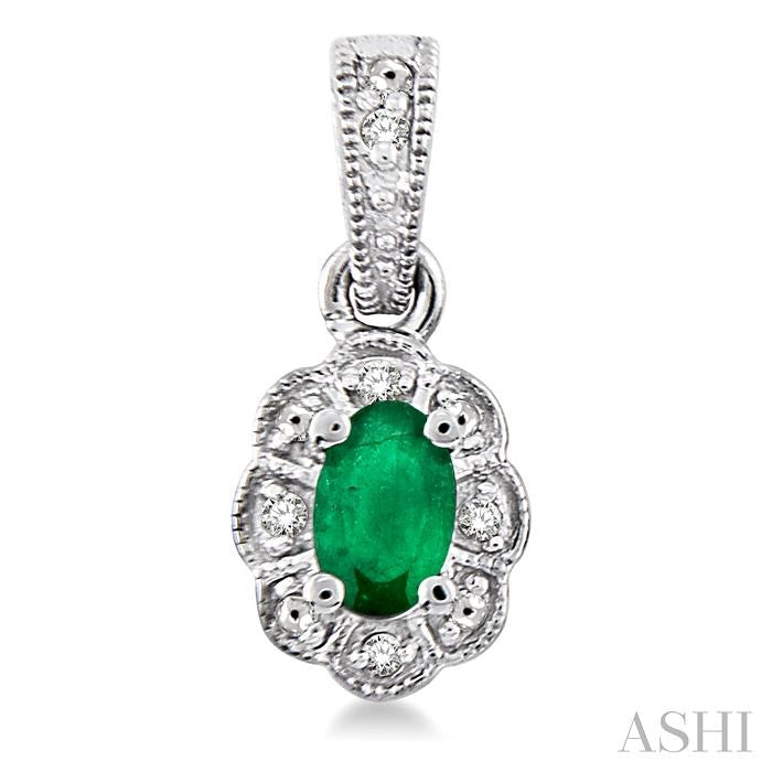 5x3 MM Oval Cut Emerald and 1/20 Ctw Single Cut Diamond Earrings in Sterling Silver