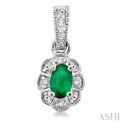 5x3 MM Oval Cut Emerald and 1/20 Ctw Single Cut Diamond Earrings in Sterling Silver