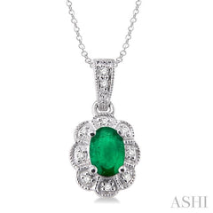 6x4 MM Oval Cut Emerald and 1/20 Ctw Round Cut Diamond Pendant in Sterling Silver with Chain