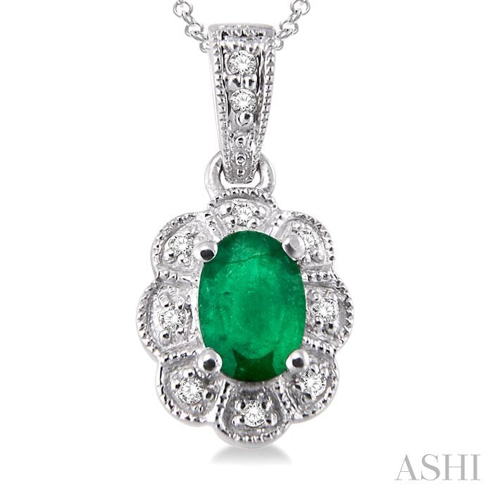 6x4 MM Oval Cut Emerald and 1/20 Ctw Single Cut Diamond Pendant in Sterling Silver with Chain