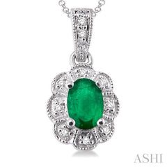 6x4 MM Oval Cut Emerald and 1/20 Ctw Single Cut Diamond Pendant in Sterling Silver with Chain