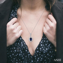 6x4 MM Oval Cut Sapphire and 1/20 Ctw Round Cut Diamond Pendant in Sterling Silver with Chain