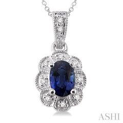 6x4 MM Oval Cut Sapphire and 1/20 Ctw Single Cut Diamond Pendant in Sterling Silver with Chain