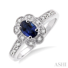 6x4 MM Oval Cut Sapphire and 1/20 Ctw Round Cut Diamond Ring in Sterling Silver
