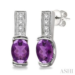 7x5 MM Oval Cut Amethyst and 1/50 Ctw Round Cut Diamond Earrings in Sterling Silver