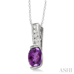 8x6 MM Oval Cut Amethyst and 1/50 Ctw Round Cut Diamond Pendant in Sterling Silver with Chain