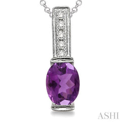 8x6 MM Oval Cut Amethyst and 1/50 Ctw Round Cut Diamond Pendant in Sterling Silver with Chain