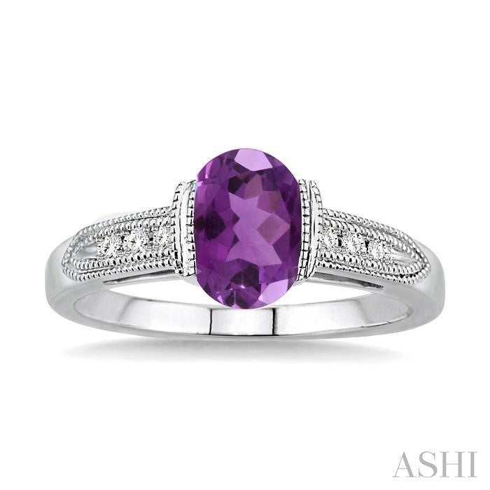 8x6 MM Oval Cut Amethyst and 1/20 Ctw Round Cut Diamond Ring in Sterling Silver