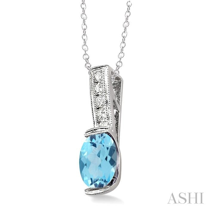 8x6 MM Oval Cut Blue Topaz and 1/50 Ctw Round Cut Diamond Pendant in Sterling Silver with Chain