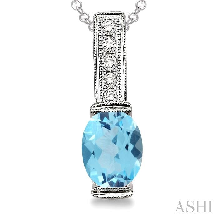 8x6 MM Oval Cut Blue Topaz and 1/50 Ctw Round Cut Diamond Pendant in Sterling Silver with Chain