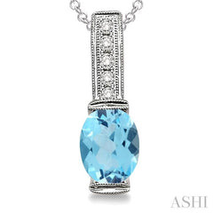 8x6 MM Oval Cut Blue Topaz and 1/50 Ctw Round Cut Diamond Pendant in Sterling Silver with Chain