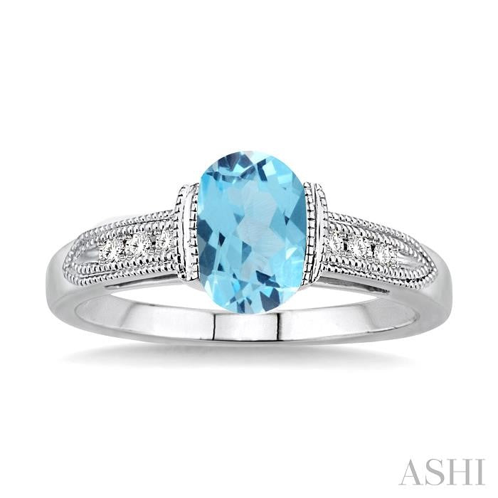 8x6 MM Oval Cut Blue Topaz and 1/20 Ctw Round Cut Diamond Ring in Sterling Silver