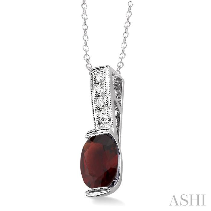 8x6 MM Oval Cut Garnet and 1/50 Ctw Round Cut Diamond Pendant in Sterling Silver with Chain