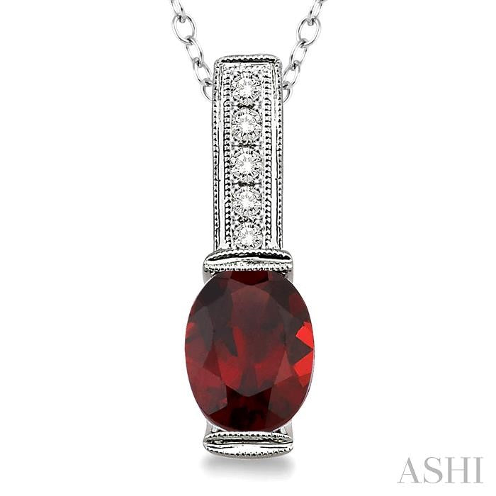 8x6 MM Oval Cut Garnet and 1/50 Ctw Round Cut Diamond Pendant in Sterling Silver with Chain