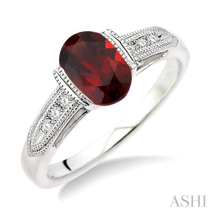 8x6 MM Oval Cut Garnet and 1/20 Ctw Round Cut Diamond Ring in Sterling Silver