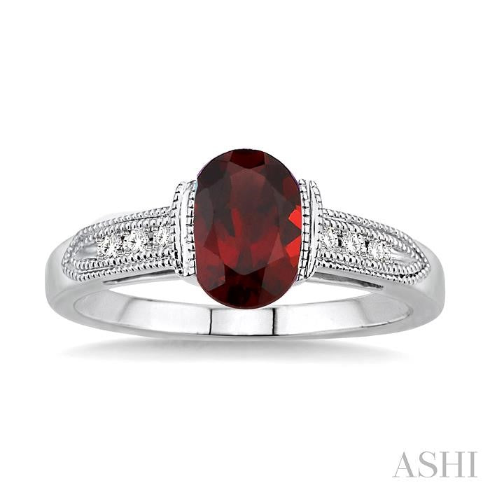 8x6 MM Oval Cut Garnet and 1/20 Ctw Round Cut Diamond Ring in Sterling Silver