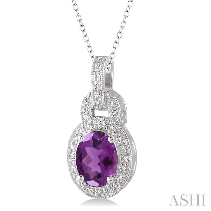 9x7 MM Oval Cut Amethyst and 1/20 Ctw Round Cut Diamond Pendant in Sterling Silver with Chain