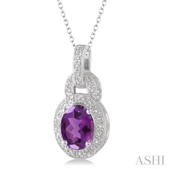 9x7 MM Oval Cut Amethyst and 1/20 Ctw Round Cut Diamond Pendant in Sterling Silver with Chain