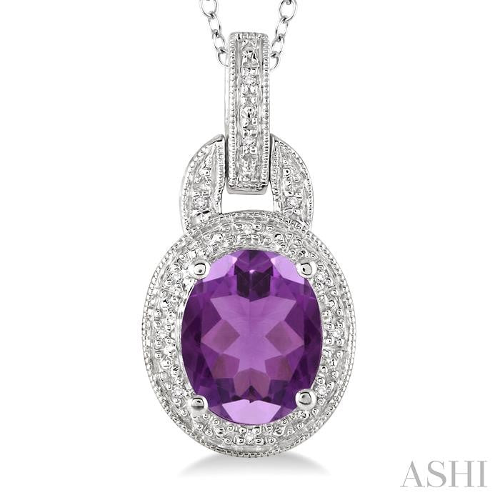 9x7 MM Oval Cut Amethyst and 1/20 Ctw Round Cut Diamond Pendant in Sterling Silver with Chain