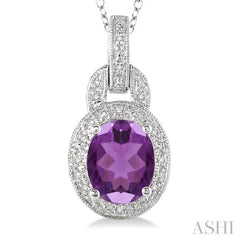 9x7 MM Oval Cut Amethyst and 1/20 Ctw Round Cut Diamond Pendant in Sterling Silver with Chain