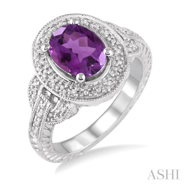 9x7 MM Oval Cut Amethyst and 1/20 Ctw Round Cut Diamond Ring in Sterling Silver