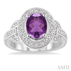 9x7 MM Oval Cut Amethyst and 1/20 Ctw Round Cut Diamond Ring in Sterling Silver