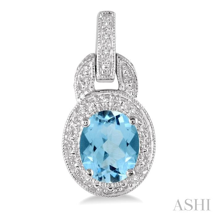 8x6 MM Oval Cut Blue Topaz and 1/20 Ctw Round Cut Diamond Earrings in Sterling Silver