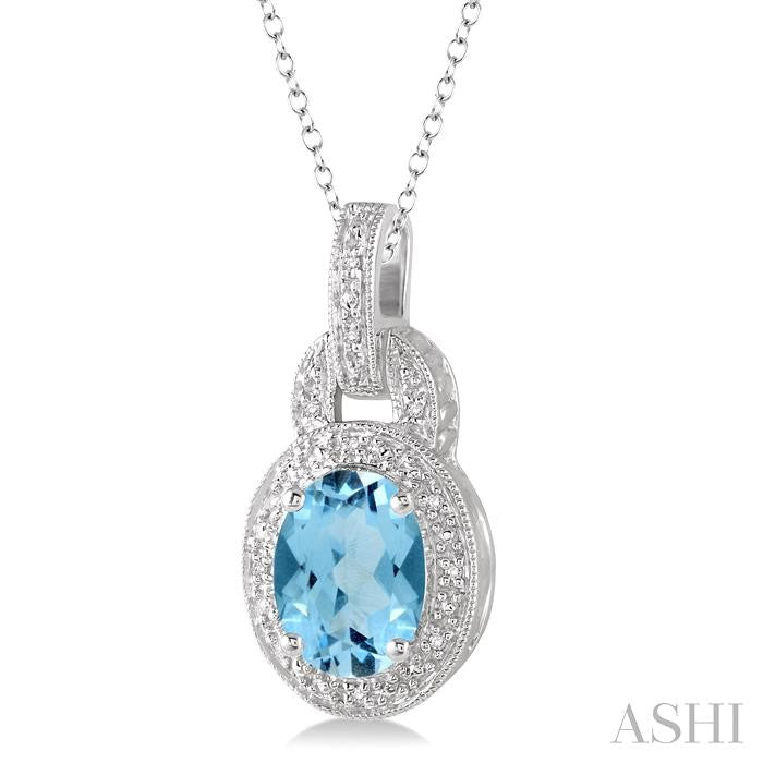 9x7 MM Oval Cut Blue Topaz and 1/20 Ctw Round Cut Diamond Pendant in Sterling Silver with Chain