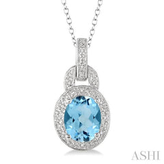 9x7 MM Oval Cut Blue Topaz and 1/20 Ctw Round Cut Diamond Pendant in Sterling Silver with Chain