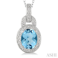 9x7 MM Oval Cut Blue Topaz and 1/20 Ctw Round Cut Diamond Pendant in Sterling Silver with Chain
