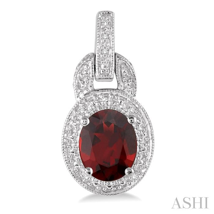 8x6 MM Oval Cut Garnet and 1/20 Ctw Round Cut Diamond Earrings in Sterling Silver