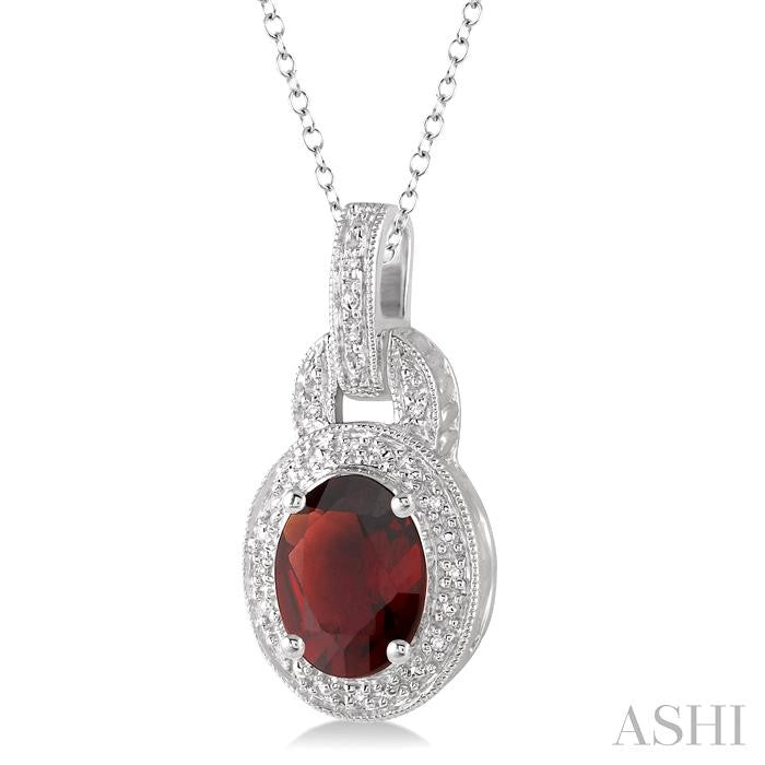 9x7 MM Oval Cut Garnet and 1/20 Ctw Round Cut Diamond Pendant in Sterling Silver with Chain