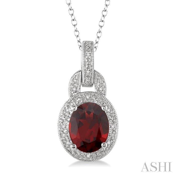 9x7 MM Oval Cut Garnet and 1/20 Ctw Round Cut Diamond Pendant in Sterling Silver with Chain